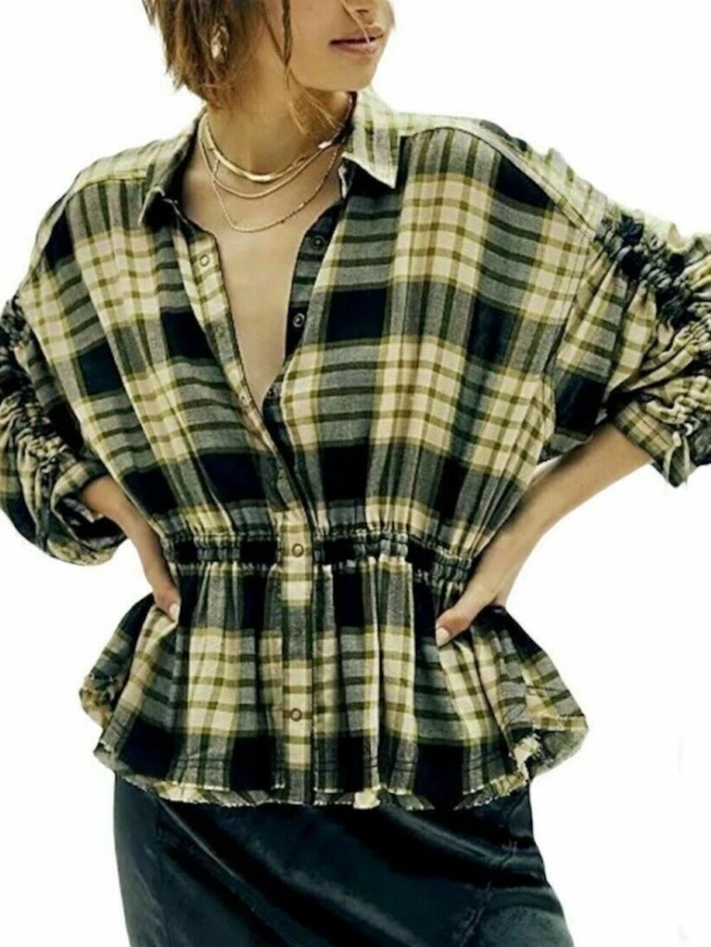 Free People Pacific Dawn Plaid Shirt Black Combo Plaid Ruched-Sleeve Size M NWT